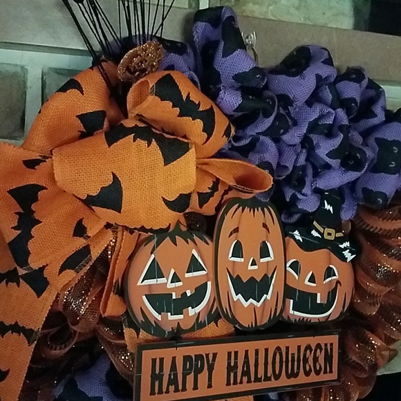 BURLAP JACK-O'-LANTERN BLACK CAT HALLOWEEN WREATH - Picture 4 of 5